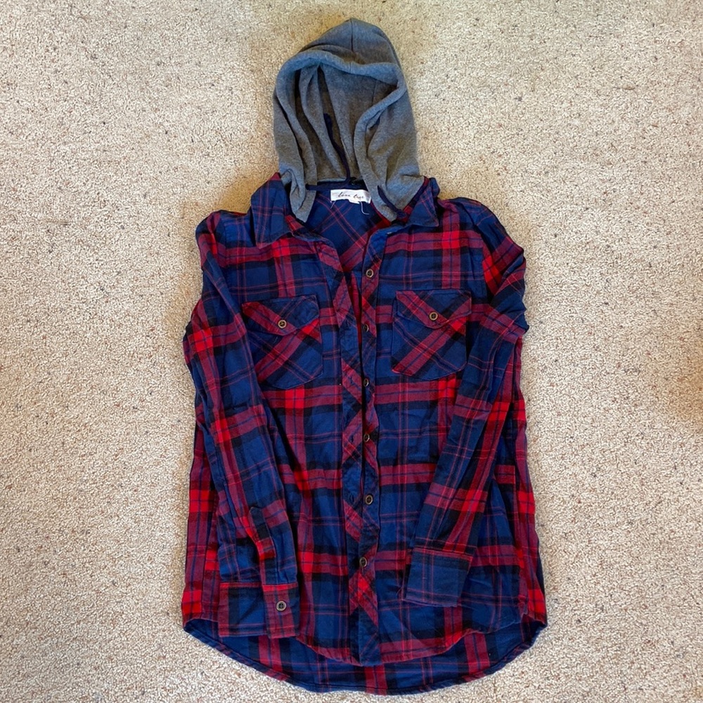 Blue Red Plaid Shirt with removable hood by Love Tree, Size Small.